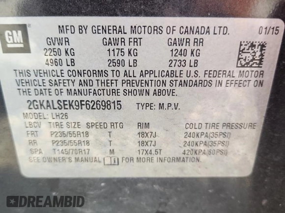 2015 GMC Terrain SLT z VIN 2GKALSEK9F6269815, wystawiony jako Copart lot #64994245 z przebiegiem 157 597 mil mil oraz Czysty tytuł • Clean title. Historia ofert i sprzedaży dostępna na DreamBid. Obrazek 13.