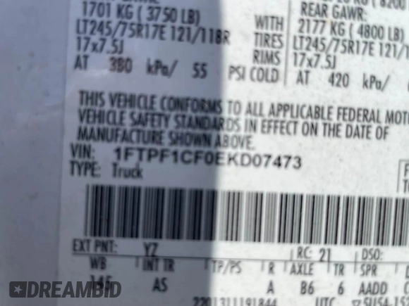 2014 Ford F-150 XL с VIN 1FTPF1CF0EKD07473, выставлен на аукционе IAAI как лот 41607286 с пробегом 159 743 миль миль и . История ставок и продаж доступна на DreamBid. Изображение 9.