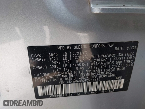 2023 Subaru Ascent Limited z VIN 4S4WMAUD2P3416461, wystawiony jako IAAI lot #42492132 z przebiegiem 25 658 mil mil oraz . Historia ofert i sprzedaży dostępna na DreamBid. Obrazek 9.