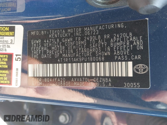 2023 Toyota Camry LE z VIN 4T1R11AK9PU180068, wystawiony jako IAAI lot #42483656 z przebiegiem 59 312 mil mil oraz . Historia ofert i sprzedaży dostępna na DreamBid. Obrazek 9.