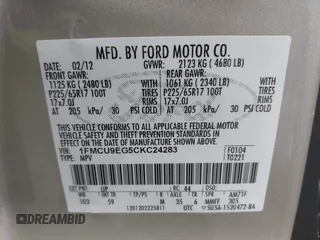 2012 Ford Escape Limited with VIN 1FMCU9EG5CKC24283, listed as a IAAI auction lot 41951067 with 134,666 mi miles. Bid and sale history available at carsss.com. Image 9.