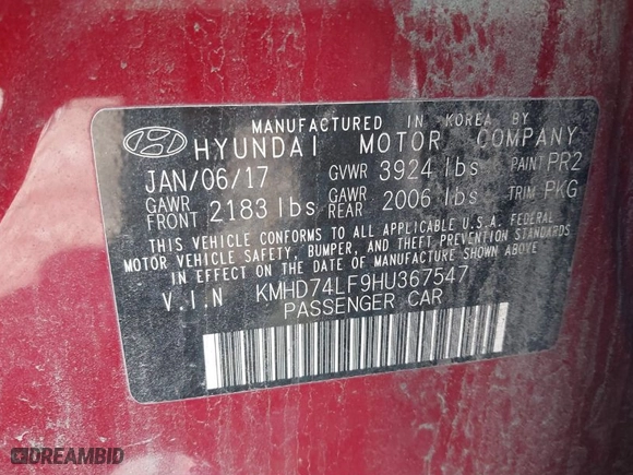 2017 Hyundai Elantra SE with VIN KMHD74LF9HU367547, listed as a IAAI auction lot 41595195 with 125,498 mi miles. Bid and sale history available at carsss.com. Image 9.