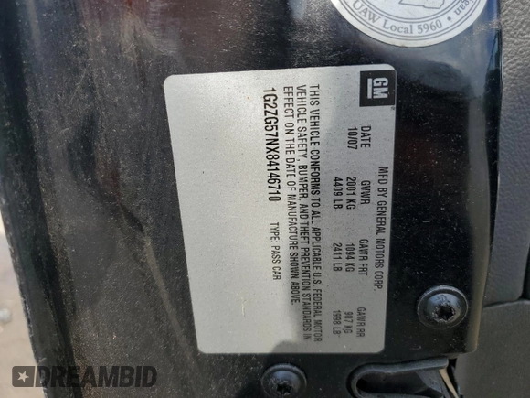 2008 Pontiac G6 z VIN 1G2ZG57NX84146710, wystawiony jako Copart lot #55428655 z przebiegiem 155 198 mil mil oraz Szkody całkowita. Historia ofert i sprzedaży dostępna na DreamBid. Obrazek 12.