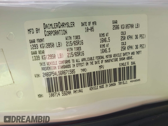 2006 Chrysler Town & Country Touring with VIN 2A8GP54L56R671585, listed as a IAAI auction lot 41475419 with 166,861 mi miles and . Bid and sale history available at DreamBid. Image 9.