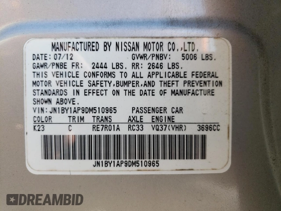 2013 Infiniti M37 with VIN JN1BY1AP9DM510965, listed as a Copart auction lot 80329254 with 119,103 mi miles and Salvage Title. Bid and sale history available at carsss.com. Image 12.