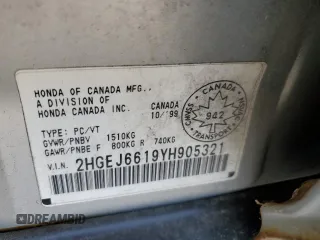 2000 Honda Civic VP with VIN 2HGEJ6619YH905321, listed as a Copart auction lot 51945305 with 179,926 mi miles and Clean Title. Bid and sale history available at DreamBid. Image 12.