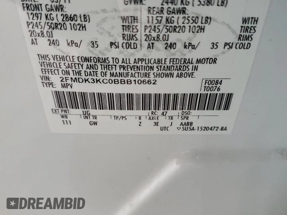 2011 Ford Edge Limited z VIN 2FMDK3KC0BBB10662, wystawiony jako Copart lot #55793465 z przebiegiem 109 924 mil mil oraz Szkoda całkowita • Salvage title. Historia ofert i sprzedaży dostępna na DreamBid. Obrazek 12.