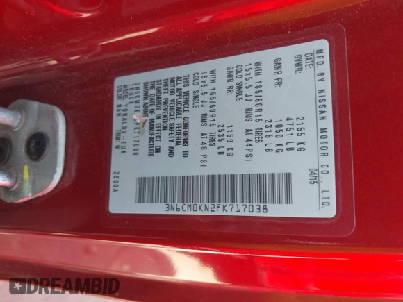 2015 Nissan NV200 S with VIN 3N6CM0KN2FK717038, listed as a IAAI auction lot 42108926 with 160,577 mi miles and . Bid and sale history available at DreamBid. Image 8.