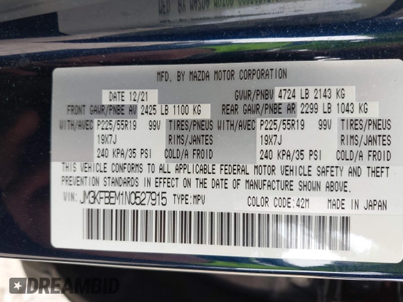 2022 Mazda CX-5 2.5 S Premium Plus Package with VIN JM3KFBEM1N0527915, listed as a IAAI auction lot 41942476 with 40,145 mi miles. Bid and sale history available at carsss.com. Image 9.