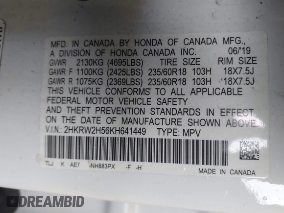 2019 Honda CR-V EX with VIN 2HKRW2H56KH641449, listed as a IAAI auction lot 41762860 with 181,557 mi miles and . Bid and sale history available at DreamBid. Image 9.
