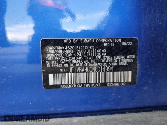 2022 Subaru WRX Premium with VIN JF1VBAH60N8014994, listed as a Copart auction lot 58999515 with 24,375 mi miles and Salvage title. Bid and sale history available at DreamBid. Image 13.