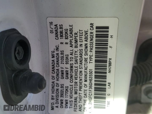 2016 Honda Civic EX-T с VIN 2HGFC1F36GH635501, выставлен на аукционе Copart как лот 57162945 с пробегом Не указан миль и Списание • Salvage title. История ставок и продаж доступна на DreamBid. Изображение 12.