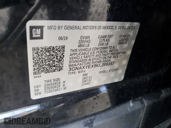 2019 Chevrolet Equinox Premier z VIN 3GNAXYEX9KL399167, wystawiony jako Copart lot #57021775 z przebiegiem Nie podano mil oraz Szkoda całkowita • Salvage title. Historia ofert i sprzedaży dostępna na DreamBid. Obrazek 13.