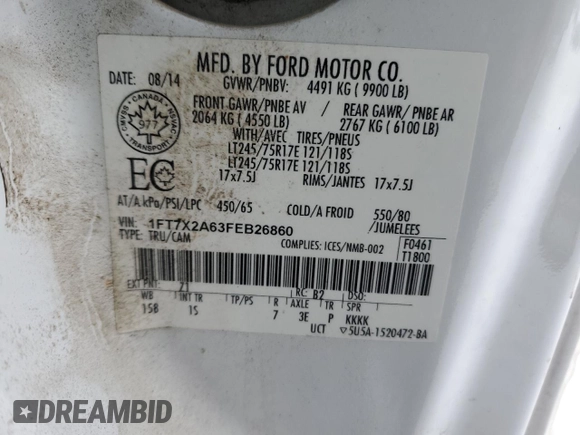 2015 Ford F-250 XLT with VIN 1FT7X2A63FEB26860, listed as a Copart auction lot 44627615 with 350,508 mi miles and Clean title. Bid and sale history available at DreamBid. Image 13.