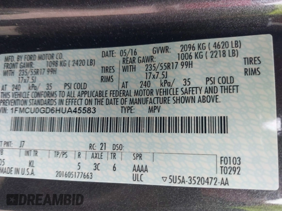 2017 Ford Escape SE with VIN 1FMCU0GD6HUA45583, listed as a IAAI auction lot 42070398 with 222,735 mi miles. Bid and sale history available at carsss.com. Image 9.