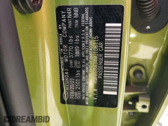 2021 Hyundai Venue SE with VIN KMHRB8A34MU106115, listed as a Copart auction lot 50939995 with 21,986 mi miles and Non Repairable. Bid and sale history available at DreamBid. Image 14.