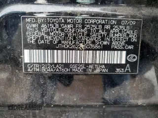 2009 Lexus IS 250 with VIN JTHCK262295035861, listed as a Copart auction lot 58619555 with 207,886 mi miles and Clean title. Bid and sale history available at DreamBid. Image 12.