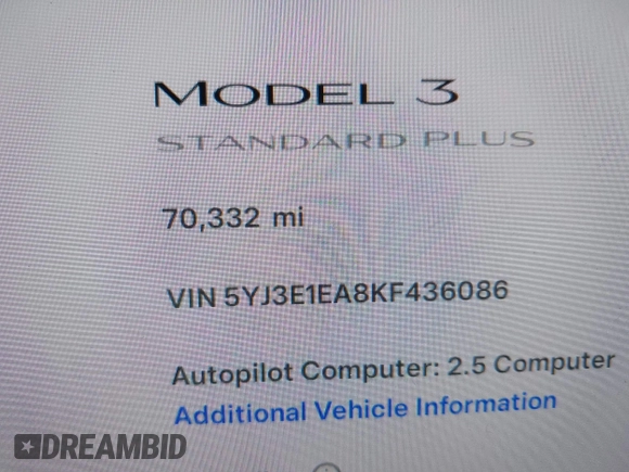 2019 Tesla Model 3 Mid Range with VIN 5YJ3E1EA8KF436086, listed as a IAAI auction lot 41682093 with 70,332 mi miles and . Bid and sale history available at DreamBid. Image 15.