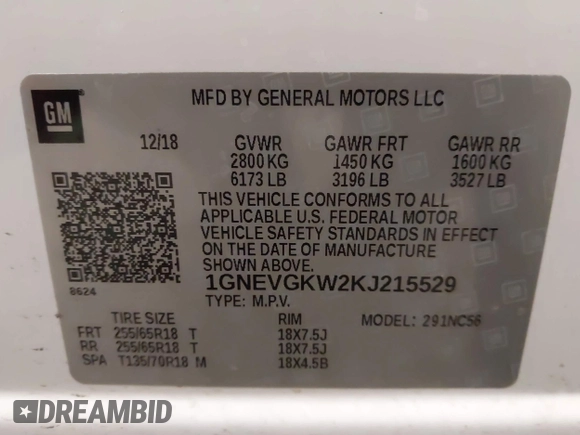 2019 Chevrolet Traverse LT Cloth with VIN 1GNEVGKW2KJ215529, listed as a IAAI auction lot 41723523 with 86,859 mi miles. Bid and sale history available at carsss.com. Image 9.