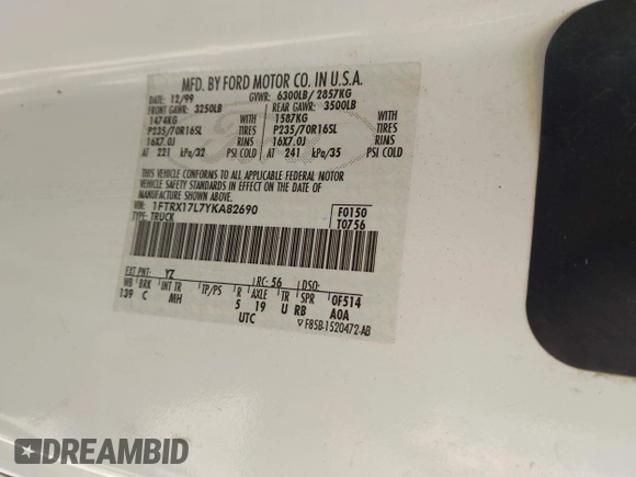 2000 Ford F-150 XL z VIN 1FTRX17L7YKA82690, wystawiony jako IAAI lot #42597325 z przebiegiem Nie podano mil oraz . Historia ofert i sprzedaży dostępna na DreamBid. Obrazek 9.