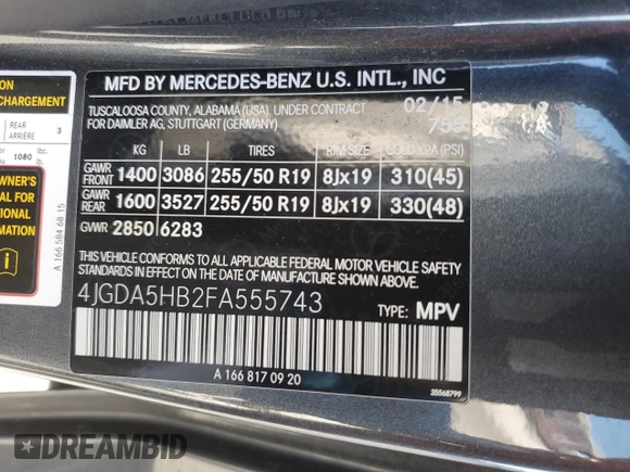 2015 Mercedes-Benz M 350 with VIN 4JGDA5HB2FA555743, listed as a Copart auction lot 65165695 with 147,152 mi miles and Salvage title. Bid and sale history available at DreamBid. Image 13.