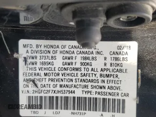 2018 Honda Civic EX with VIN 2HGFC2F7XJH537944, listed as a Copart auction lot 53353835 with 90,768 mi miles and Salvage Title. Bid and sale history available at DreamBid. Image 13.
