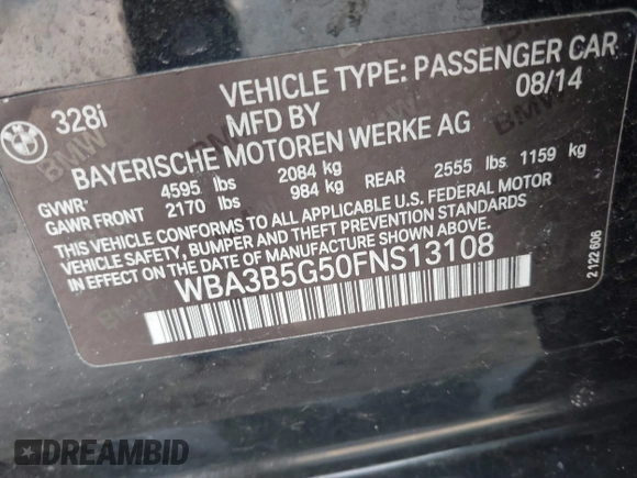 2015 BMW 3 Series 328i xDrive z VIN WBA3B5G50FNS13108, wystawiony jako IAAI lot #41772990 z przebiegiem Nie podano mil oraz . Historia ofert i sprzedaży dostępna na DreamBid. Obrazek 9.