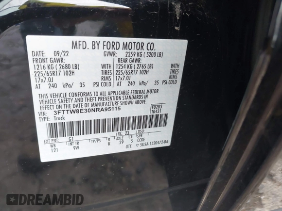 2022 Ford Maverick XL with VIN 3FTTW8E30NRA95115, listed as a IAAI auction lot 40861025 with 21,720 mi miles and . Bid and sale history available at DreamBid. Image 9.