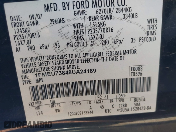 2008 Ford Explorer XLT with VIN 1FMEU73848UA24189, listed as a IAAI auction lot 42543732 with 260,131 mi miles and . Bid and sale history available at DreamBid. Image 9.