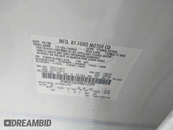 2009 Ford Flex Limited with VIN 2FMDK53C49BA12299, listed as a IAAI auction lot 41987516 with 201,665 mi miles. Bid and sale history available at carsss.com. Image 9.