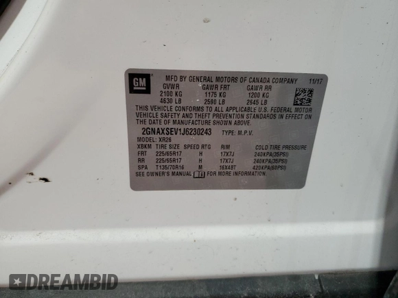 2018 Chevrolet Equinox LT with VIN 2GNAXSEV1J6230243, listed as a Copart auction lot 48327555 with 90,516 mi miles and Salvage Title. Bid and sale history available at DreamBid. Image 15.