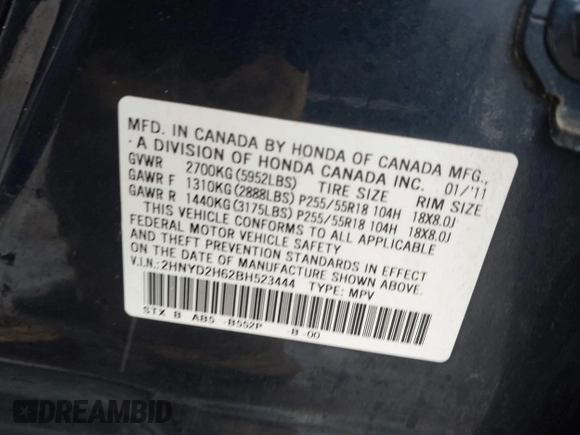 2011 Acura MDX Tech Pkg with VIN 2HNYD2H62BH523444, listed as a IAAI auction lot 41734780 with 238,880 mi miles. Bid and sale history available at carsss.com. Image 9.