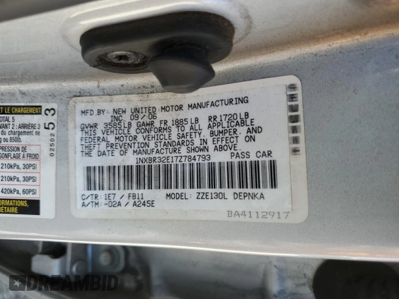 2007 Toyota Corolla CE с VIN 1NXBR32E17Z784793, выставлен на аукционе Copart как лот 61797615 с пробегом 225 370 миль миль и Чистый • Clean title. История ставок и продаж доступна на DreamBid. Изображение 12.