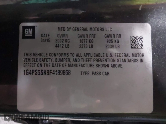 2015 Buick Verano Leather Group with VIN 1G4PS5SK8F4189868, listed as a IAAI auction lot 41512817 with 75,209 mi miles. Bid and sale history available at carsss.com. Image 9.