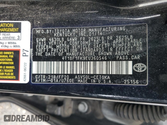 2014 Toyota Camry L with VIN 4T1BF1FK9EU360546, listed as a Copart auction lot 78460304 with 196,587 mi miles and Non Repairable. Bid and sale history available at DreamBid. Image 14.