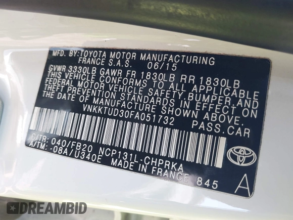 2015 Toyota Yaris L with VIN VNKKTUD30FA051732, listed as a IAAI auction lot 41449083 with 82,207 mi miles. Bid and sale history available at carsss.com. Image 9.