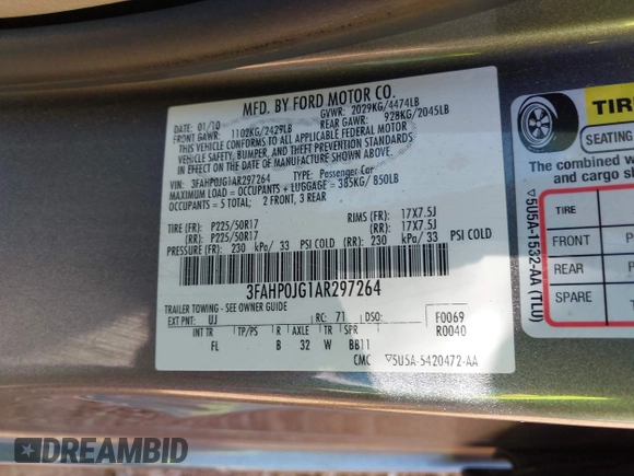 2010 Ford Fusion SEL with VIN 3FAHP0JG1AR297264, listed as a IAAI auction lot 41882838 with 169,598 mi miles. Bid and sale history available at carsss.com. Image 9.