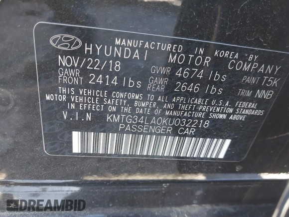 2019 Genesis G70 2.0T Advanced with VIN KMTG34LA0KU032218, listed as a IAAI auction lot 41527763 with 69,501 mi miles. Bid and sale history available at carsss.com. Image 9.
