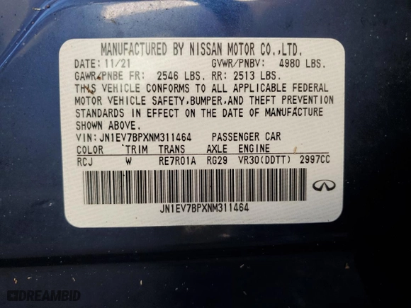 2022 Infiniti Q50 LUXE with VIN JN1EV7BPXNM311464, listed as a Copart auction lot 75129694 with 0 mi miles and Salvage Title. Bid and sale history available at carsss.com. Image 13.