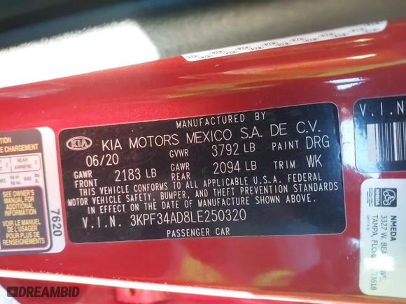2020 Kia Forte GT-Line with VIN 3KPF34AD8LE250320, listed as a IAAI auction lot 41684288 with 52,883 mi miles. Bid and sale history available at carsss.com. Image 9.