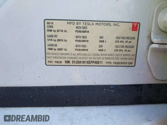 2014 Tesla Model S 60 with VIN 5YJSA1H1XEFP40611, listed as a IAAI auction lot 42826752 with Not provided miles and . Bid and sale history available at DreamBid. Image 9.