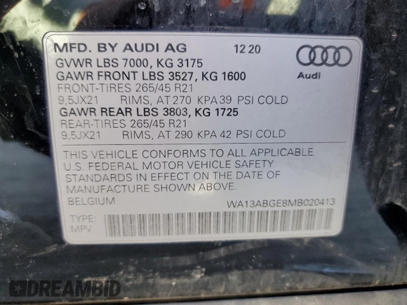 2021 Audi e-tron Sportback Prestige z VIN WA13ABGE8MB020413, wystawiony jako Copart lot #48903724 z przebiegiem 29 440 mil mil oraz . Historia ofert i sprzedaży dostępna na DreamBid. Obrazek 13.