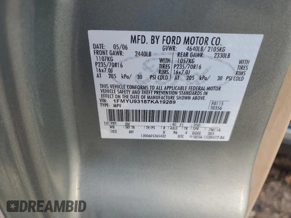 2007 Ford Escape XLT with VIN 1FMYU93187KA19289, listed as a Copart auction lot 60687964 with 169,675 mi miles and Salvage Title. Bid and sale history available at carsss.com. Image 13.