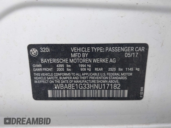 2017 BMW 3 Series 320i with VIN WBA8E1G33HNU17182, listed as a IAAI auction lot 41906604 with 59,166 mi miles. Bid and sale history available at carsss.com. Image 9.