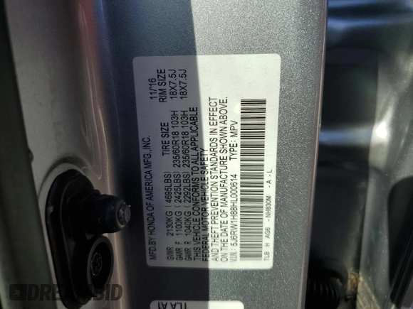 2017 Honda CR-V EX-L with VIN 5J6RW1H88HL000614, listed as a Copart auction lot 75193234 with Not Provided miles and Salvage Title. Bid and sale history available at DreamBid. Image 14.