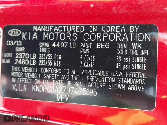 2013 Kia Sportage EX with VIN KNDPC3A27D7475195, listed as a IAAI auction lot 42623097 with 88,728 mi miles and . Bid and sale history available at DreamBid. Image 9.