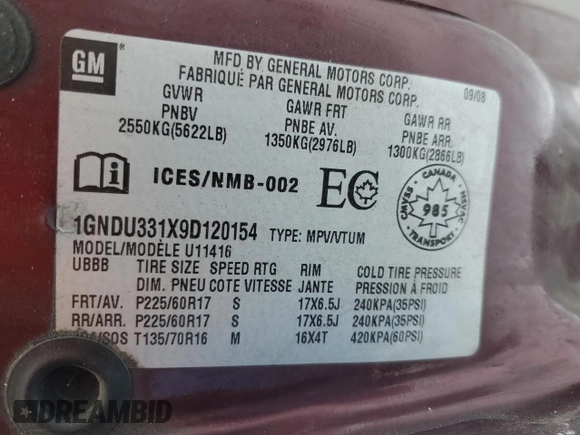 2009 Chevrolet Uplander with VIN 1GNDU331X9D120154, listed as a Copart auction lot 46806235 with 227,466 mi miles and Salvage Title. Bid and sale history available at DreamBid. Image 14.
