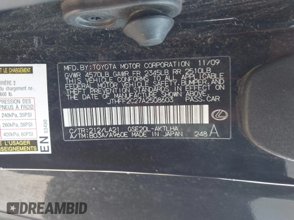 2010 Lexus IS 250 C with VIN JTHFF2C27A2508603, listed as a IAAI auction lot 42402256 with 164,938 mi miles and . Bid and sale history available at DreamBid. Image 9.