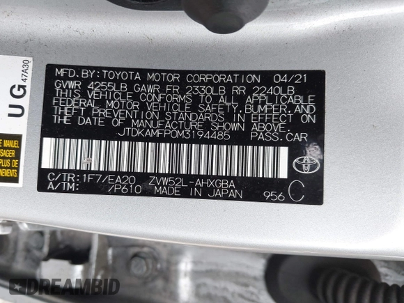 2021 Toyota Prius LE с VIN JTDKAMFP0M3194485, выставлен на аукционе IAAI как лот 42019500 с пробегом 42 191 миль миль и . История ставок и продаж доступна на DreamBid. Изображение 9.