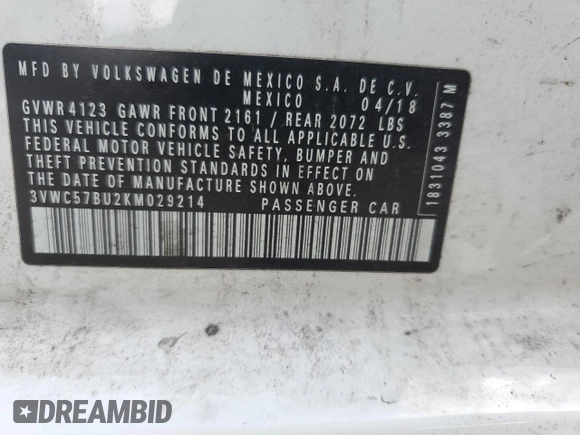 2019 Volkswagen Jetta S with VIN 3VWC57BU2KM029214, listed as a Copart auction lot 59508735 with 86,552 mi miles and Non repairable. Bid and sale history available at DreamBid. Image 12.